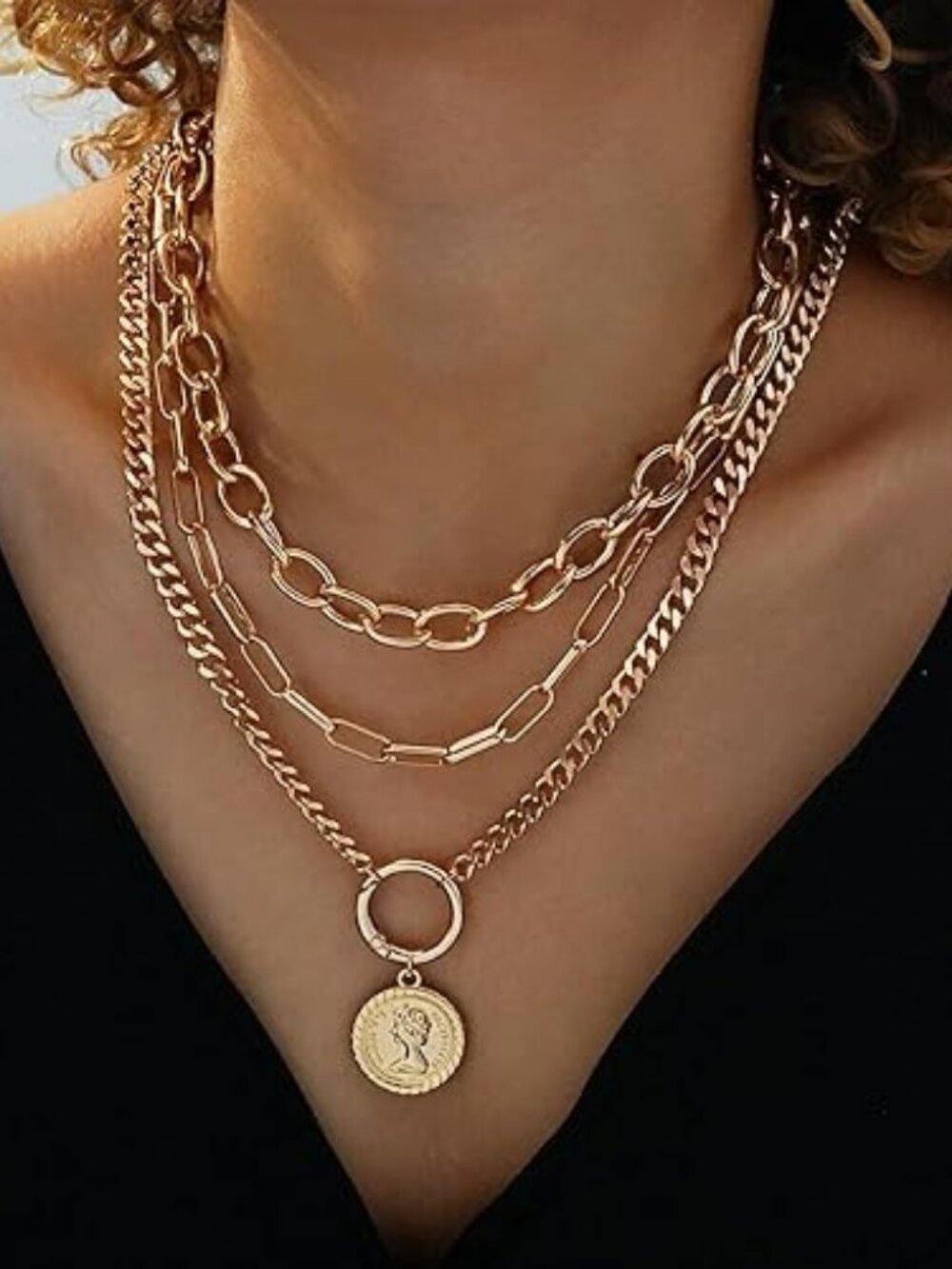 Vintage Gold Layered Necklace Set – Cuban Link, Paperclip & Coin Pendant